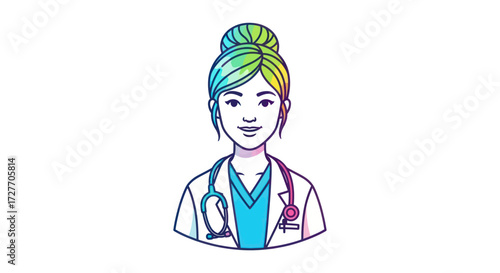 Colorful Illustrated Female Doctor with Stethoscope Smiling.