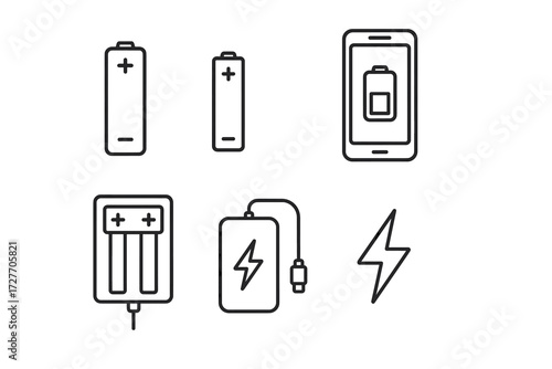 Battery icons: smartphone, charger, power bank, energy symbols