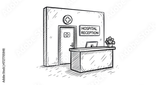 Hand-drawn illustration of a hospital reception desk and entrance.