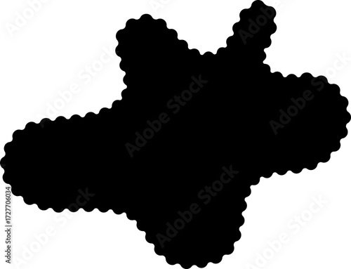 Black abstract shape resembling a liquid splash with a dynamic, fluid structure and irregular wavy edges.