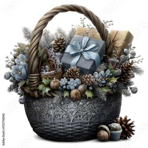 Elegant Christmas holiday basket vector illustration with decorative gift boxes, pinecones, winter florals, festive ribbon, seasonal greenery, and luxury celebration design elements