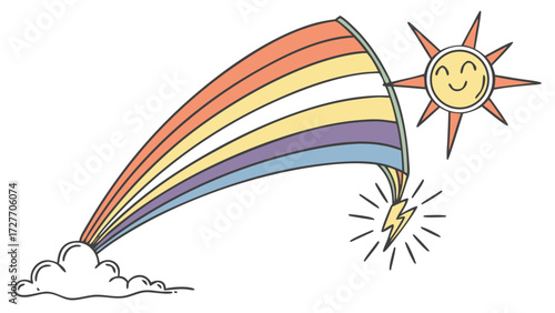 Vector Illustration of  Cute Doodle Rainbow, Happy Sun, Cloud, Lightning Bolt
