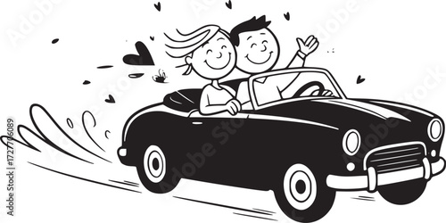 Joyride of Two: This illustration captures a pair of smiling individuals joyfully cruising in a classic convertible car, with heart symbols floating in the air, signifying a romantic trip together.