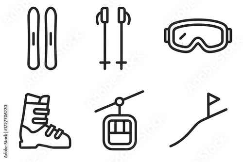 Ski equipment icons: skis, poles, goggles, boots, cable car, slope
