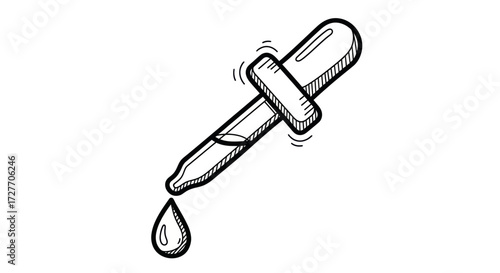 Hand-drawn black and white sketch illustration of a dropper releasing a single liquid drop.