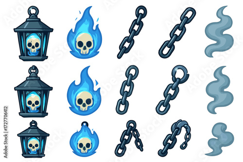 Spooky skulls, chains, and ghostly smoke icons on white background