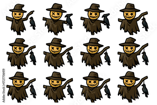 Creepy cartoon scarecrows with crows in halloween costumes