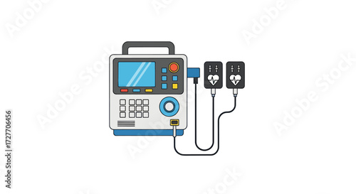 Medical Defibrillator Device with Attached Electrodes for Emergency Use.