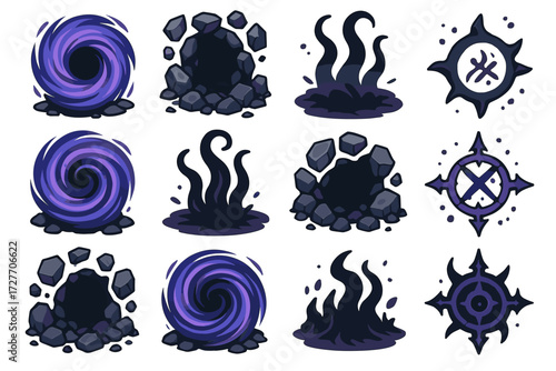 Set of dark magical portals and symbols with rocks and smoke