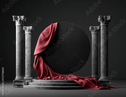 Elegant dark backdrop with draped crimson fabric, ancient columns, and a circular platform, creating a sophisticated and dramatic scene.