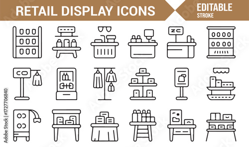 Editable line stroke icons of shop product shelving and signage graphics