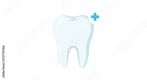 Simple Illustration of a Healthy White Tooth with Blue Plus Sign.