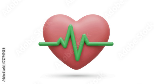 3D Rendered Red Heart with Green EKG Line.