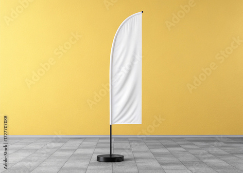 Blank white feather flag mockup  banner on gray floor and yellow wall background