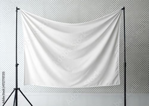 Blank white flag mockup backdrop on stand isolated on white background for photography