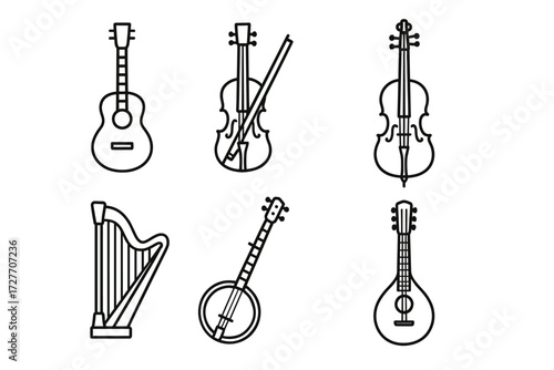 Outline illustrations of musical instruments: guitar, violin, cello, harp, banjo, mandolin