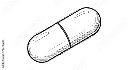 Hand-drawn sketch of a single white pharmaceutical capsule.