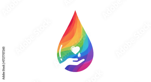 Vibrant rainbow tear drop icon with a caring hand and a small heart symbol.