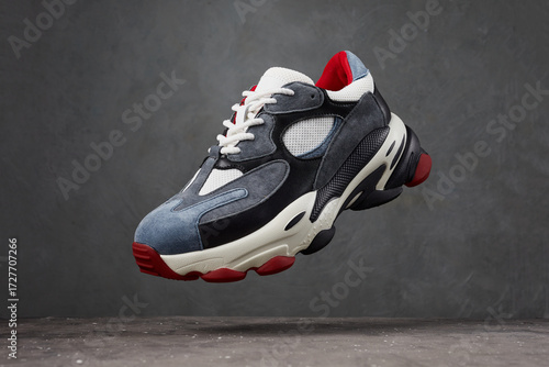 Modern casual sneakers on gray background. Leather trainers on big sole. sport and streetwear trend athletic shoes.