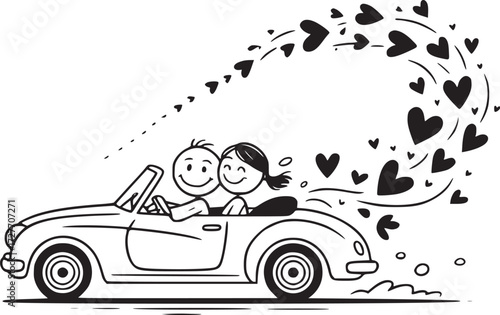 Romantic Drive: A charming couple in a convertible, leaving a trail of hearts, depicts a moment of love and shared adventure.