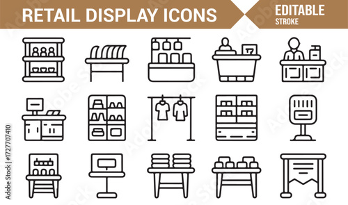 Retail shelves, counters, and signage icon pack in minimal line style