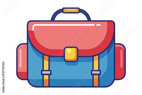 Cartoonish blue and red satchel bag with yellow buckle stands isolated on white