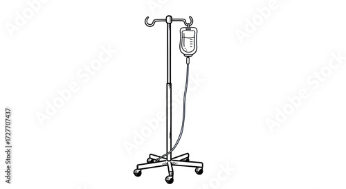 Medical IV Drip Stand with Fluid Bag Line Art Illustration.