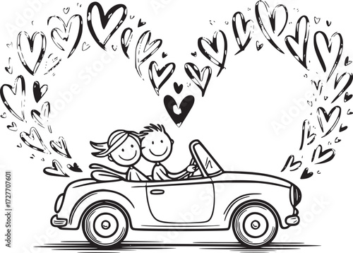 Joyride of Love: A whimsical illustration depicts a couple in a convertible car, surrounded by a flurry of hearts, symbolizing their shared journey of love and happiness. 