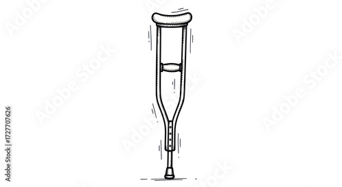 Hand-drawn illustration of a single crutch with a textured handle and adjustable height.