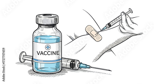 Medical illustration of a vaccine vial and syringe with a person receiving an injection.