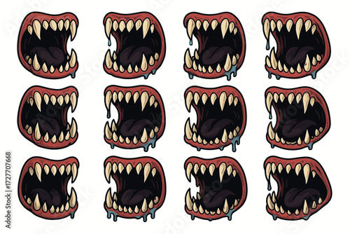 Collection of twelve cartoon monster mouths with sharp teeth and drool