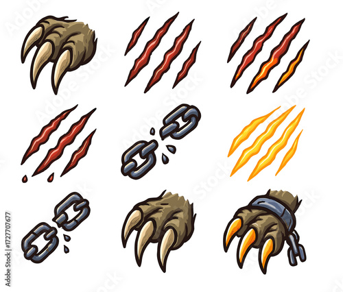 Cartoon animal claws and chains: claw marks, broken links, beast paws