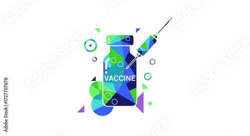 Colorful abstract vaccine vial and syringe illustration with geometric patterns.