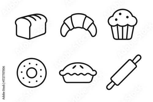 Collection of bakery icon set featuring bread, croissant, muffin, donut, pie, and rolling pin