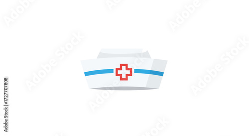 White Nurse Cap with Red and Blue Stripes and Cross Emblem.
