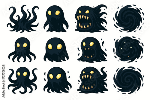 Collection of mysterious black tentacled monsters with yellow eyes and swirling vortexes