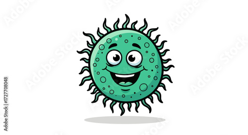 Cartoon Illustration of a Smiling Green Virus with Spikes.