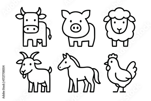 Cartoon farm animals: cow, pig, sheep, goat, horse, chicken outline drawing