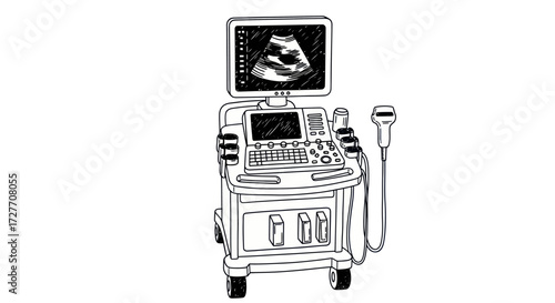 Medical Ultrasound Machine with Monitor and Transducer.