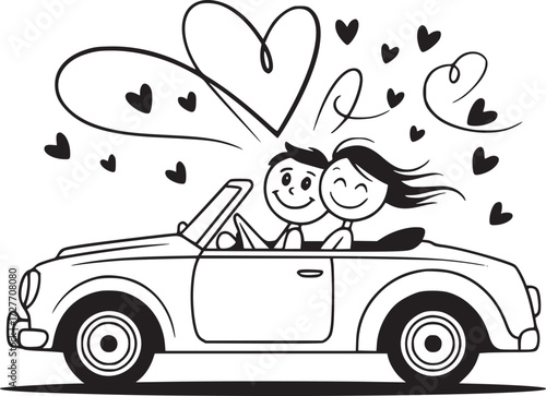 Love on Wheels: A romantic couple, hand-in-hand, embarks on a whimsical adventure, symbolized by their shared joy and affection, cruising in a vintage convertible adorned with hearts.