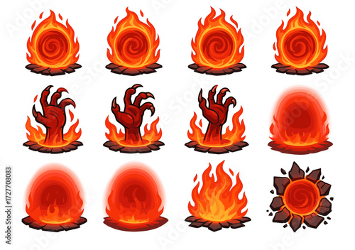 Set of animated flame elements with fiery demon hand emerging from flames
