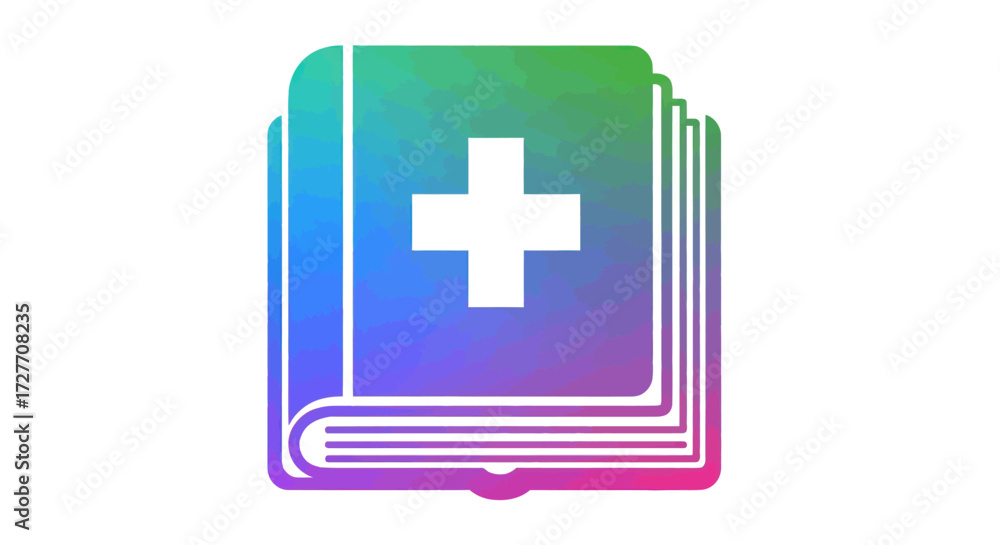 Obraz premium Gradient Medical Book Stack Icon with White Cross Symbol.