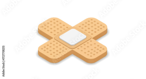 A beige adhesive bandage in a cross shape with a white absorbent pad.