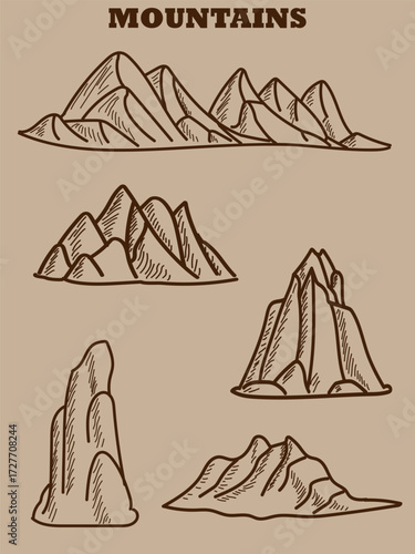 Mountains. A set of hand-drawn vector mountains. Vector illustration for game map and scene design.