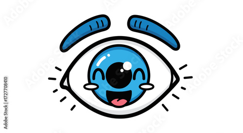Cartoon Eye with Happy Expression Blue Iris and Smiling Face.