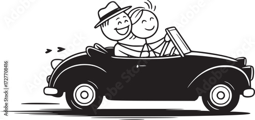 Joyful Ride: A cheerful couple joyfully cruising in a stylish convertible, ready to explore the open road together. Perfect for concepts of happiness, travel, and leisure.