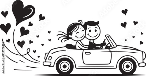 Driving into Love: A charming illustration depicts a couple joyfully cruising in a vintage convertible, their happiness radiating as hearts symbolize their shared affection and adventure together.