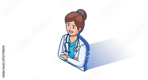 Cartoon Female Doctor with Stethoscope and Crossed Arms.