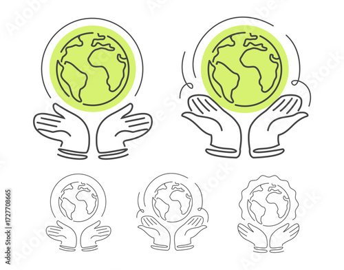 Human hands holding planet Earth, symbol. Environmental protection, save world, sustainability, eco friendly icon