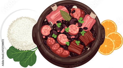 Brazilian food illustration of feijoada with rice, greens, and orange slices on transparent background